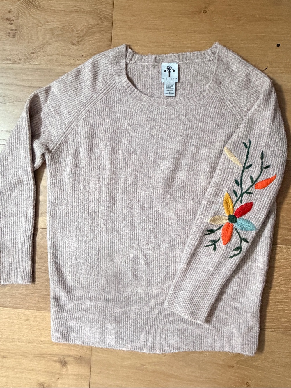 Rain + Rose Floral Embroidered Knit Sweater Oatmeal Boho Prairie Cottagecore Med